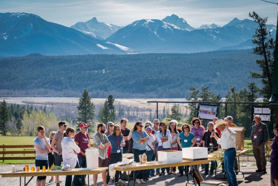 Slow Food in Canada – 2016 National Summit, Food Tour of farms in the Upper Columbia Valley - Rick Tegart explains process of honey extraction, Upper Ranch near Radium, BC
